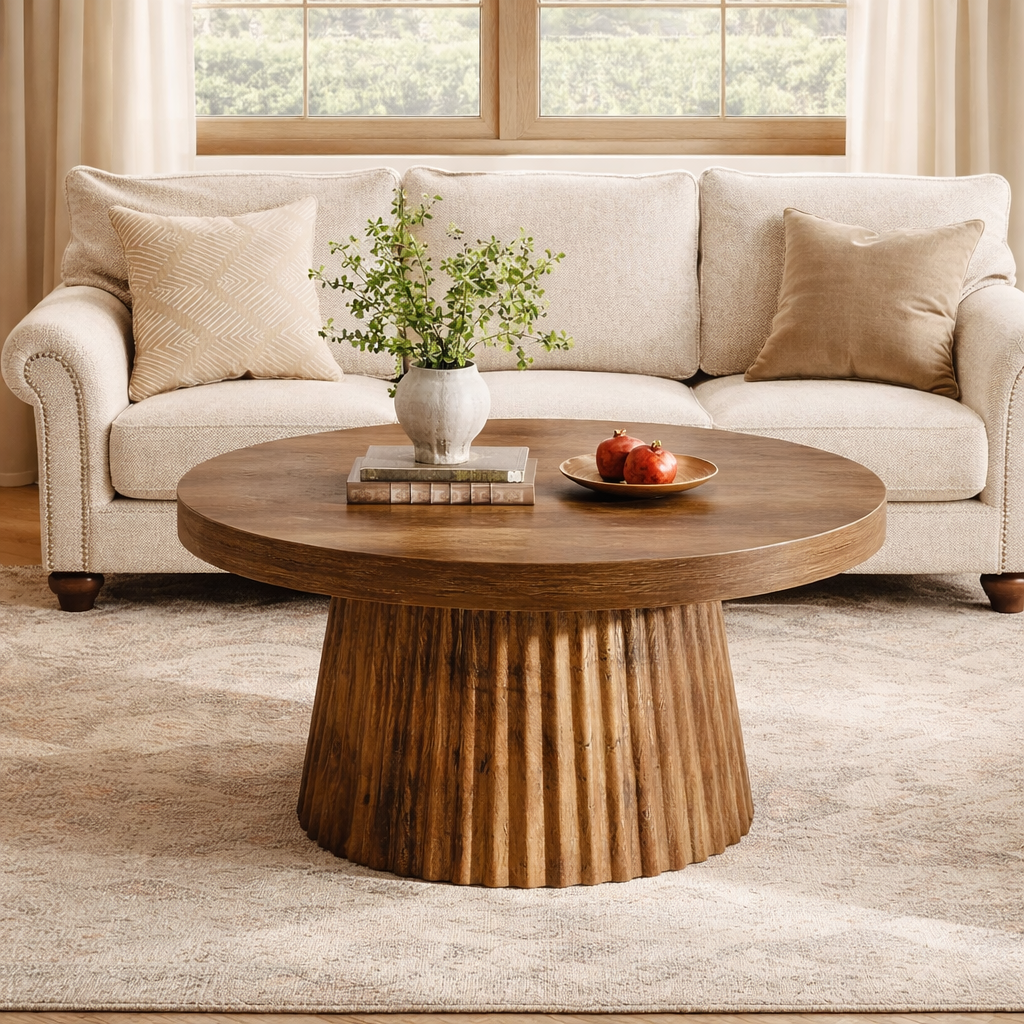 Living room with a beige sofa and wooden coffee table