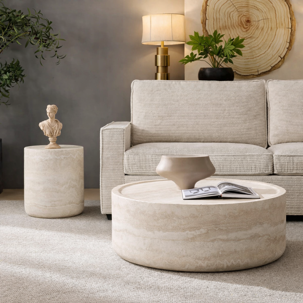 The Curved Stone Duo – Textured Travertine Coffee Tables (Set of 2)